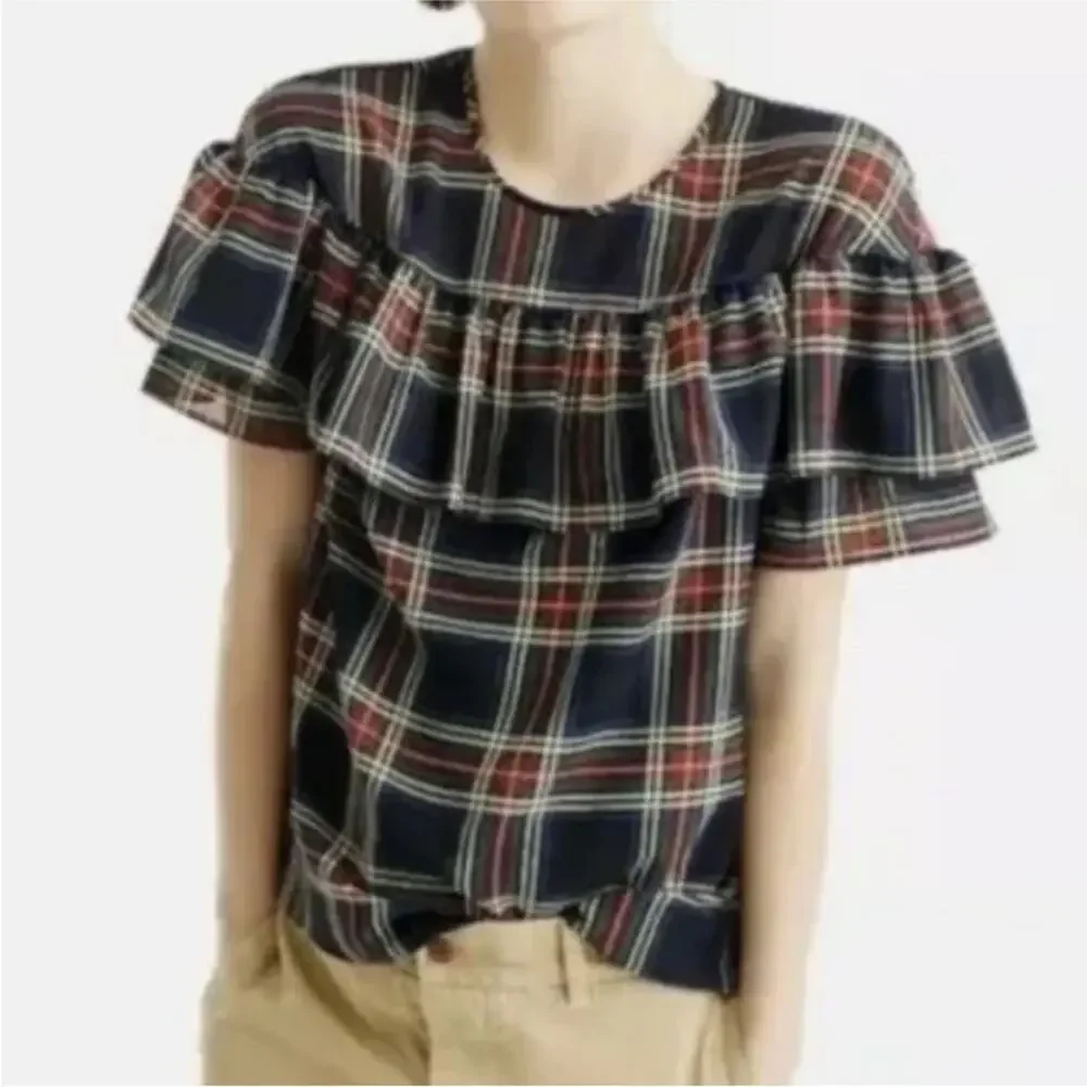 J Crew Edie Stewart Plaid Ruffle Top Black Red Green SIZE 2 Blouse Tartan Top